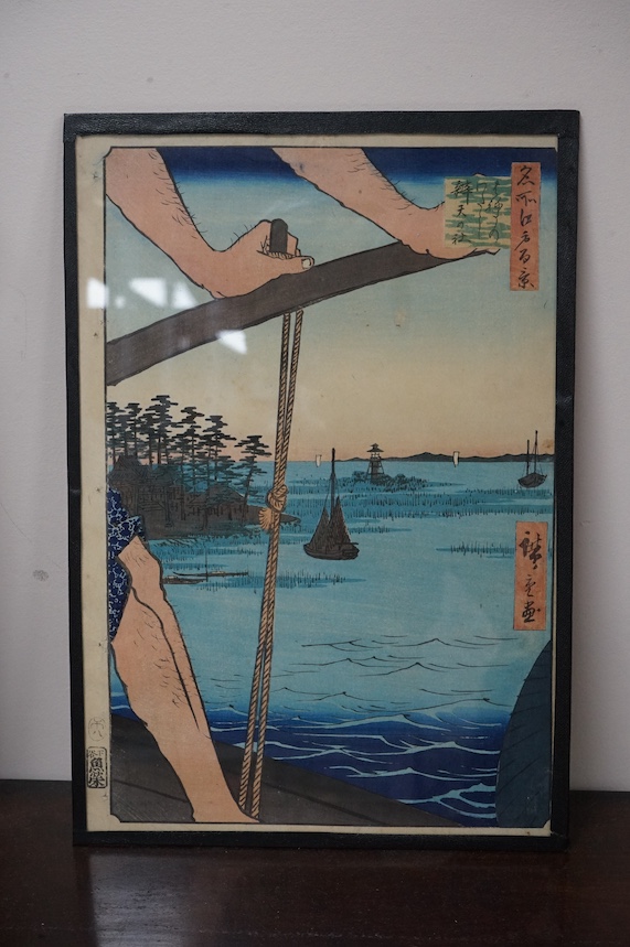 After Hiroshige (1797-1858), pair of Japanese woodblock prints, Oban format, ‘Fudo Falls, Ogoji’ and ‘Haneda Ferry’, 36 x 25cm. Condition - fair